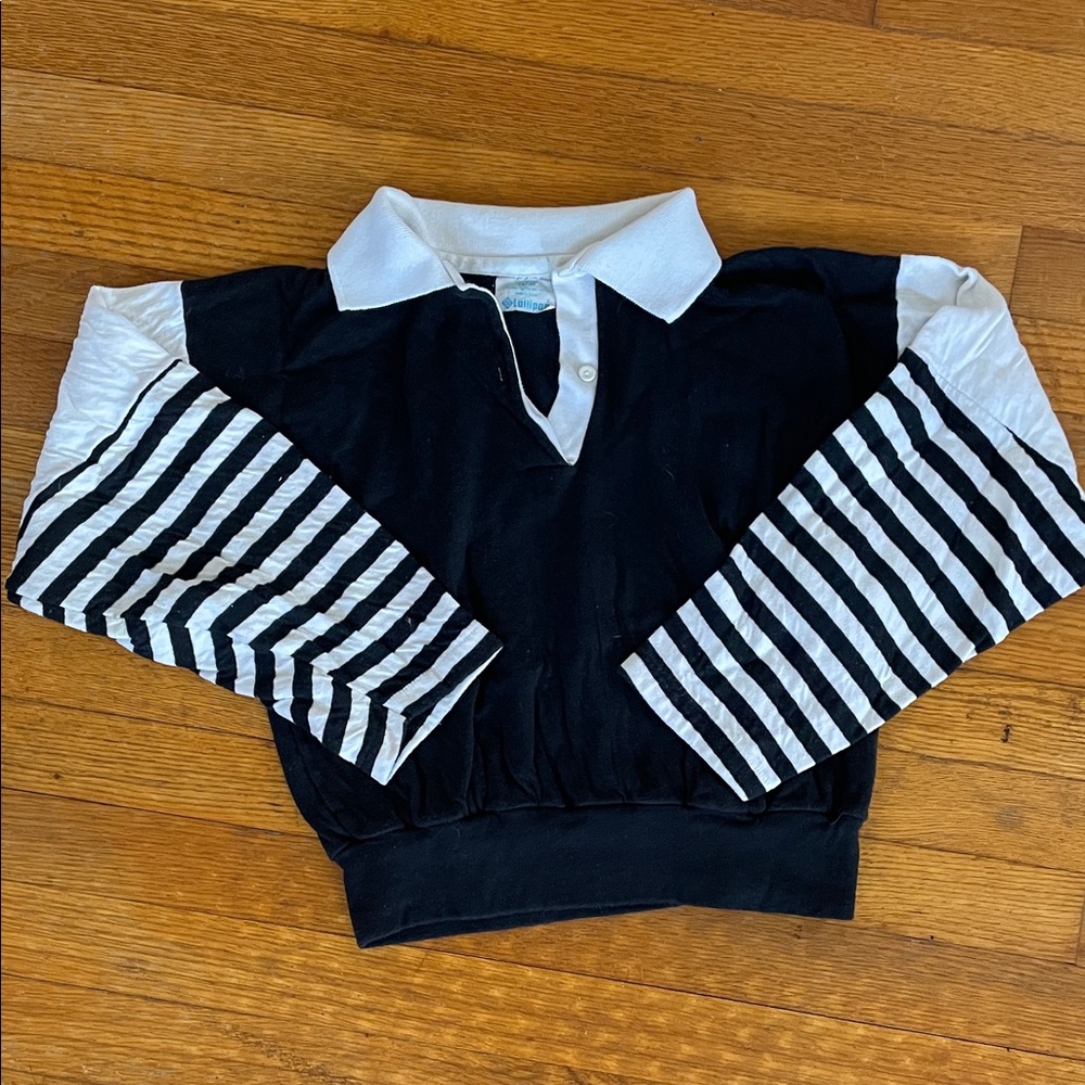 Vintage 80s Striped Black White Collared Boxy Long Sleeve T Small Medium